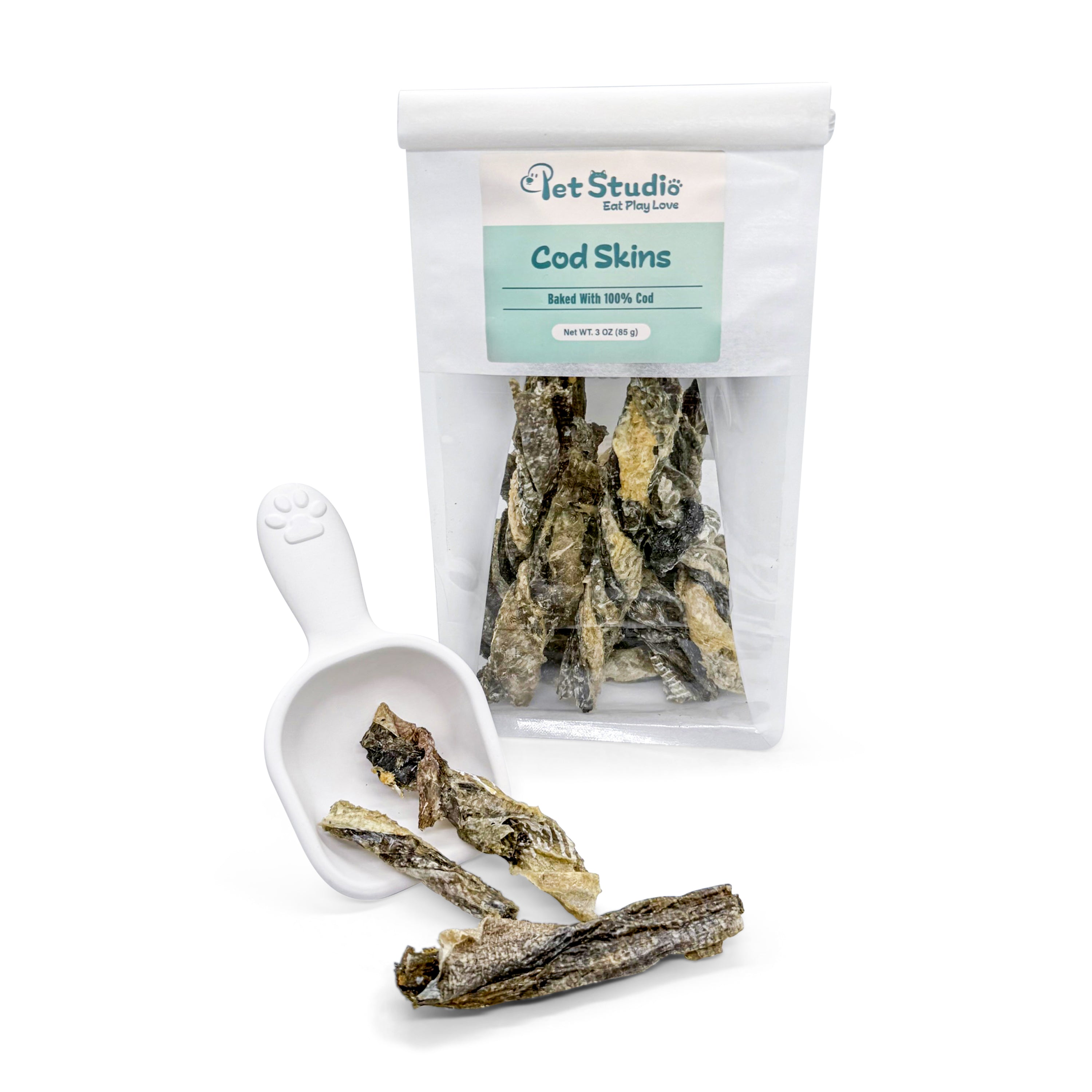 All-natural freeze-dried cod skin dog treats with scoop